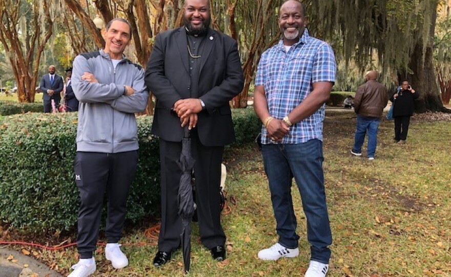 Pastor Parish Brown, Bishop Jamie Johnson, and Pastor Tony Thomas drove from South Carolina to pray for the Arbery family outside the courthouse.