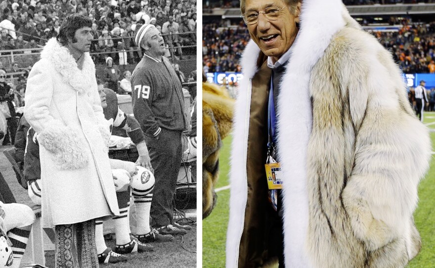 Former New York Jets quarterback Joe Namath in 1971, left, and at Sunday's Super Bowl in New Jersey.