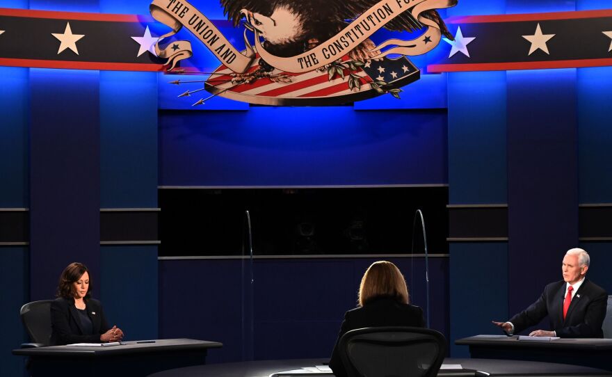 Vice President Mike Pence speaks during the vice presidential debate with Democratic vice presidential nominee Sen. Kamala Harris, D-Calif., at the University of Utah in Salt Lake City on Wednesday.
