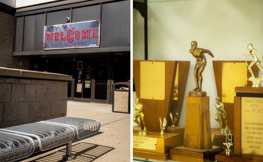 The entrance to Central Senior High School and trophies in the trophy case in the lobby.