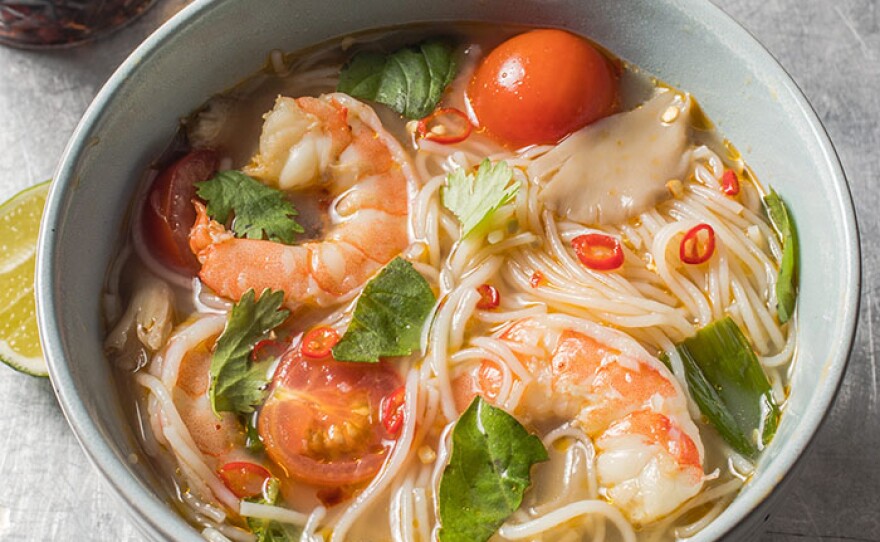 Test cook Becky Hays shows host Julia Collin Davison how to make Thai Hot and Sour Noodle Soup with Shrimp.
