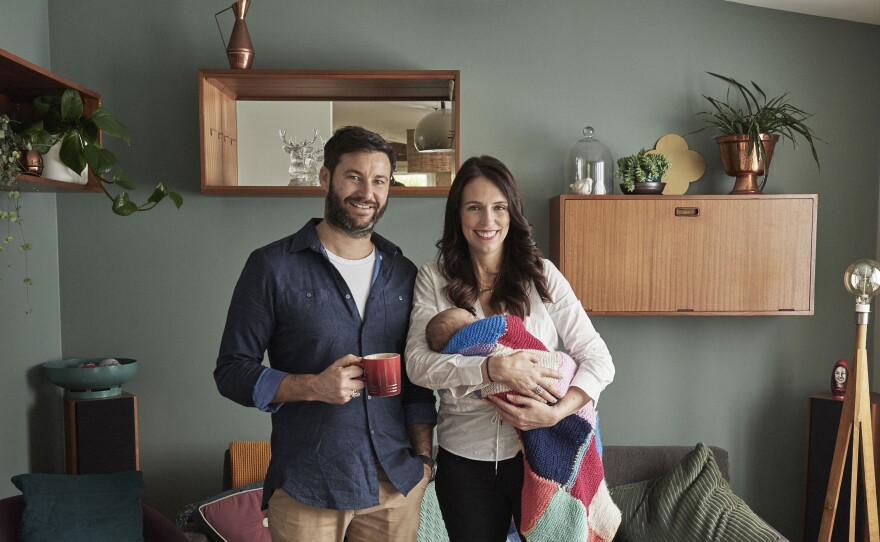 Prime Minister Jacinda Ardern and partner Clarke Gayford pose with their baby daughter Neve Gayford at their home on Thursday in Auckland, New Zealand.
