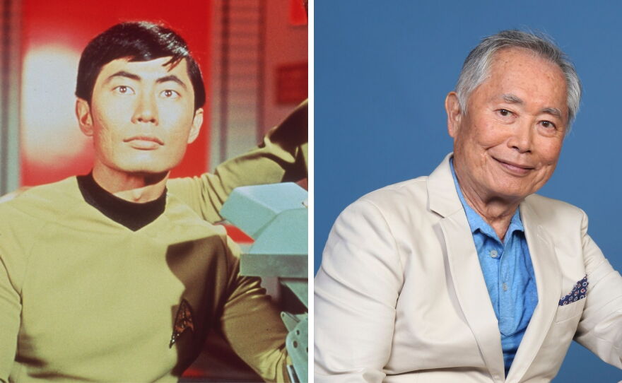 George Takei, left, as Sulu in Star Trek, and attending Comic-Con International in July 2019.