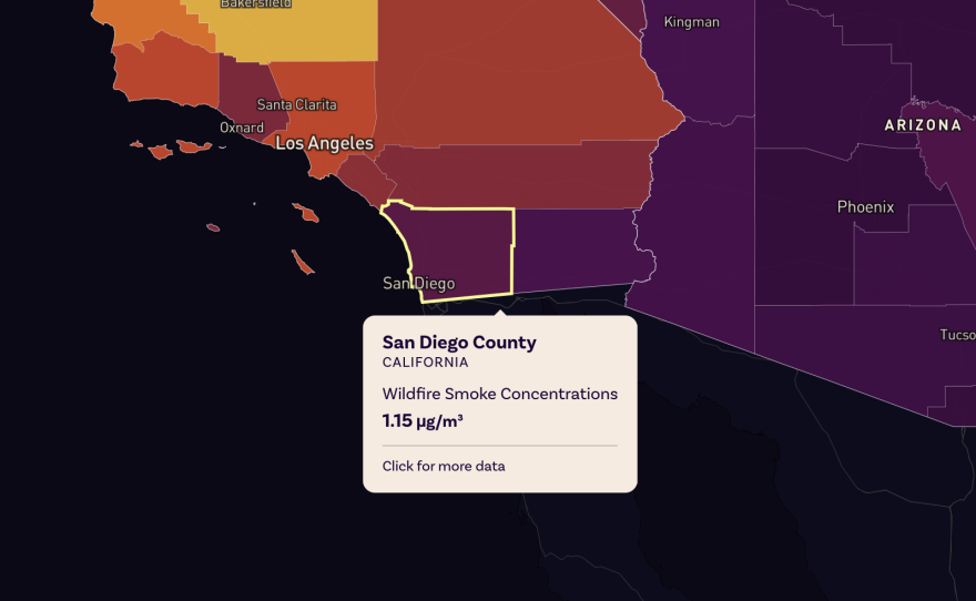 A map from the Stanford University Environmental Hazard Adaptation Atlas shows the annual average of widlfire smoke concentrations in San Diego County. 