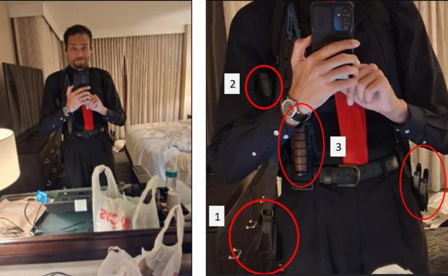 This image contained in a court filing by the Department of Justice, April 29, 2026, shows Cole Tomas Allen, left,  inside his hotel room, on Saturday, April 25, 2026 in Washington, using his cellphone to take a photograph of himself in the mirror. An enhanced version of the image is right.