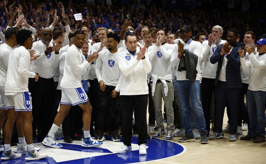 Coach Mike Krzyzewski of the Duke Blue Devils looks on as he is recognized before Saturday's game against the North Carolina Tar Heels. It was his last home game before his retirement.