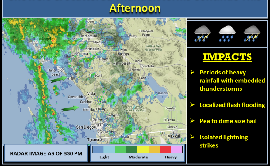 A radar image shows moderate rain showers and thunderstorms headed to Southern California, March 1, 2014.