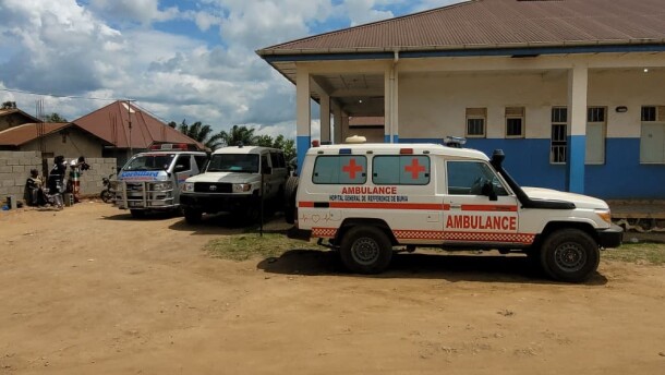 Ambulances are parked outside a hospital in Bunia, Congo, Saturday, May 16, 2026.