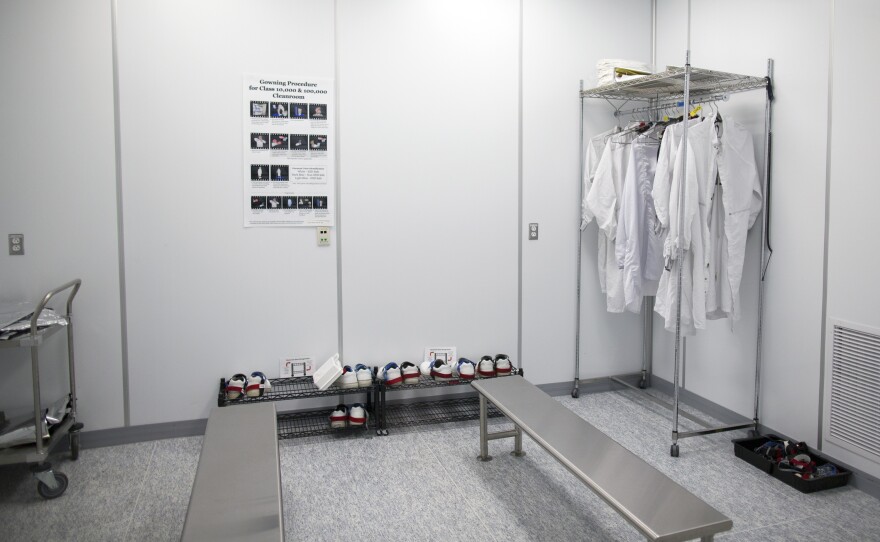 The preparation area for a clean room. Employees change into suits to control contamination.