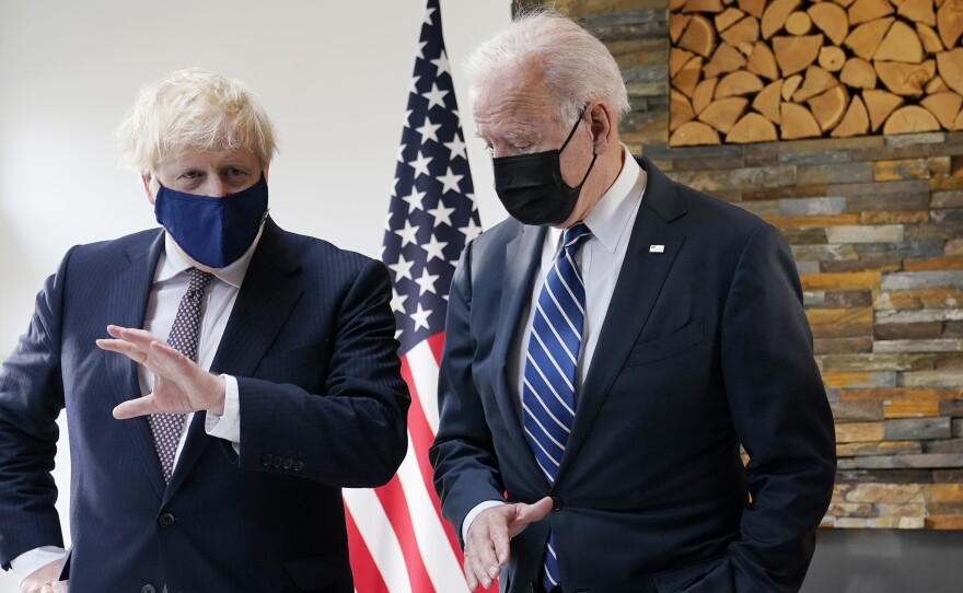 President Biden and British Prime Minister Boris Johnson speak during a bilateral meeting ahead of the G-7 summit on Thursday in Carbis Bay, England.