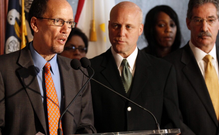 Assistant Attorney General Thomas Perez speaks at a news conference in New Orleans in March to announce the findings of a U.S. Department of Justice report into the New Orleans Police Department, which was requested by New Orleans Mayor Mitch Landrieu (center). Also pictured is Deputy Attorney General James Cole.