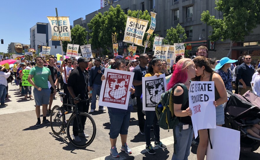 Demonstrators attend the "Free Our Future" event in San Diego to protest zero-tolerance immigration policies that have led to family separations and ramped up prosecutions, July 2, 2018.