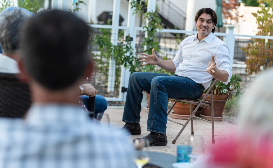 Eric Jones, a Democratic entrepreneur and former venture capitalist, speaks at a meet-and-greet in Napa on Sept. 23, 2026. Jones is running against U.S. Rep. Mike Thompson to represent the 4th congressional district.