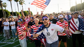 Fans react during a watch party for the World Cup Round of 32 soccer match between the United States and Bosnia in Carson, Calif. on July 1, 2026.