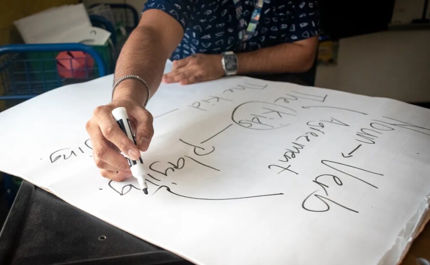 A.F., an elementary school teacher who works on a H-1B visa at West Contra Costa School District, writes out a list of grammar rules he will teach his students the next day.