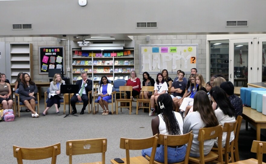 Rep. Scott Peters (green tie) along with Health and Human Services Deputy Secretary Andrea Palm (left) speaking to students at Bernardo Heights Middle School, Sept. 11, 2023.