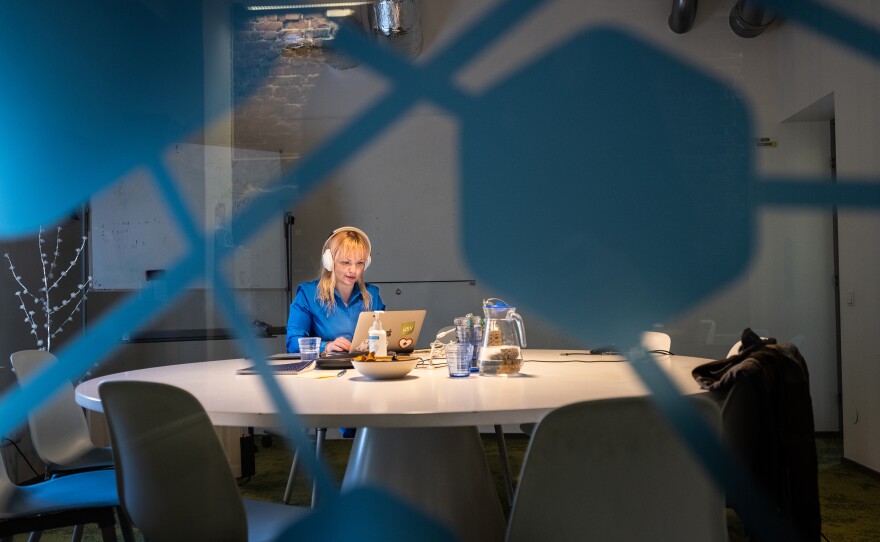 Karoli Hindriks, CEO of Jobbatical, who is helping to relocate refugees using her job relocation software at her office.