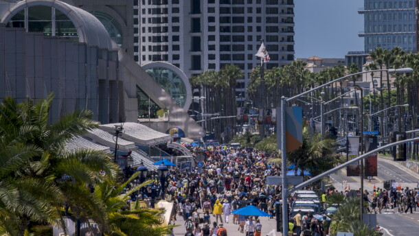 Crowds walk outside the San Diego Convention Center during Comic-Con on July 25, 2025.