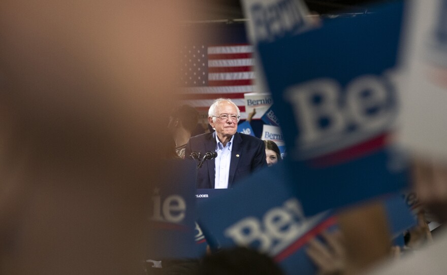 Sen. Bernie Sanders pauses while speaking during a primary night rally in Essex Junction, Vt., on Tuesday. Sanders has gotten more positive support from Russian media than any other Democratic candidate.