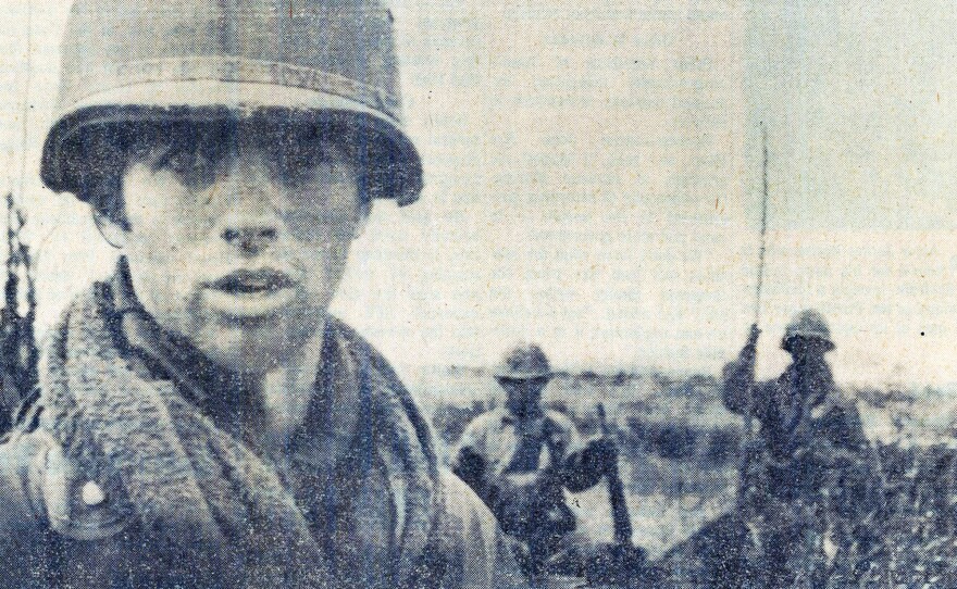 Army Specialist Jim McGough with members of his unit in 1971. Then 19, he was photographed by a columnist from <em>The Des Moines Register</em>.