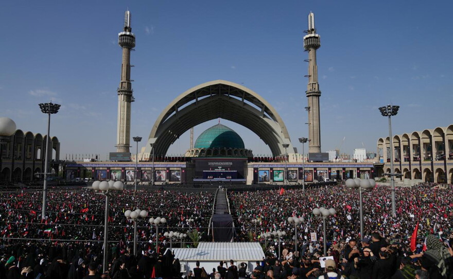 A crowd attends the start of the dayslong funeral ceremonies at the Imam Khomeini Mosalla Grand Mosque in Tehran, Iran, Saturday, July 4, 2026.