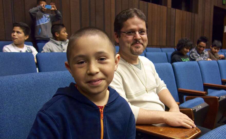 Oscar Ramos (right) took fifth- and sixth-graders, including José Anzaldo (left), to visit the University of California, Berkeley.