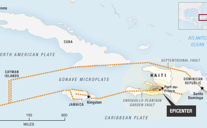 Haiti sits on a fault line between huge tectonic plates of the Earth's crust, the North American Plate and the Caribbean plate. The dotted orange lines indicate fault lines.