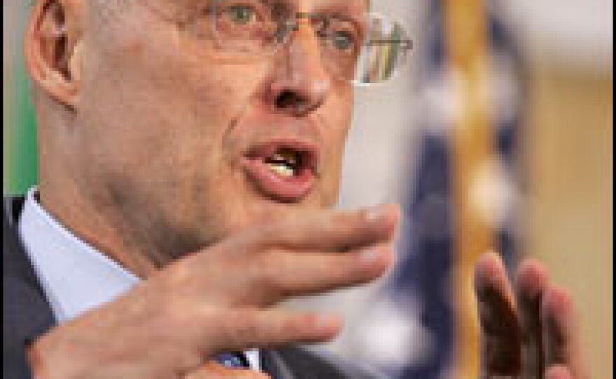 Treasury Secretary Henry Paulson discusses the Bush administration's financial overhaul proposal at a press conference in Washington, March 31, 2008.