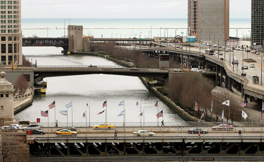 Chicago's Lake Shore Drive, Columbus Drive and Michigan Avenue double-leaf trunnion bascule bridges, top to bottom, are seen over the Chicago River on April 3, 2006.