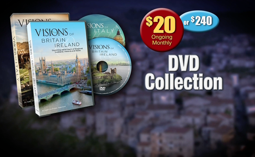 Give $20/month or $240 all at once and receive a combo featuring a "Visions of Italy" DVD plus the "Visions of Great Britain and Ireland" DVD. This gift includes a KPBS License Plate Frame (if you're a new member). Also enjoy access to KPBS Passport and myKPBS Film Club. The program DVD only is at the $120 level.
 