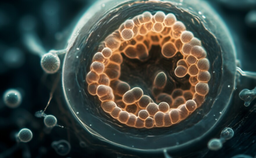 An illustration of the blastocyst stage of embryo development at about five to nine days after fertilization. The outer layer will grow to form the placenta. The inner cells will become the fetus.
