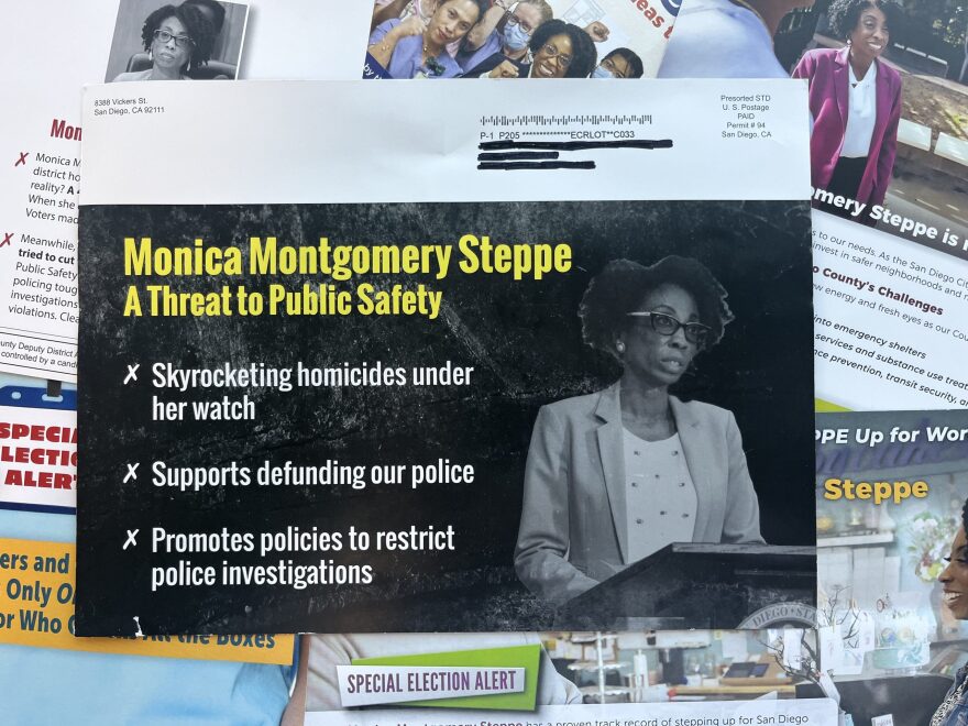 A flyer opposing candidate Monica Montgomery Steppe in the special election for the County Board of Supervisors is shown on Jul. 27, 2023.