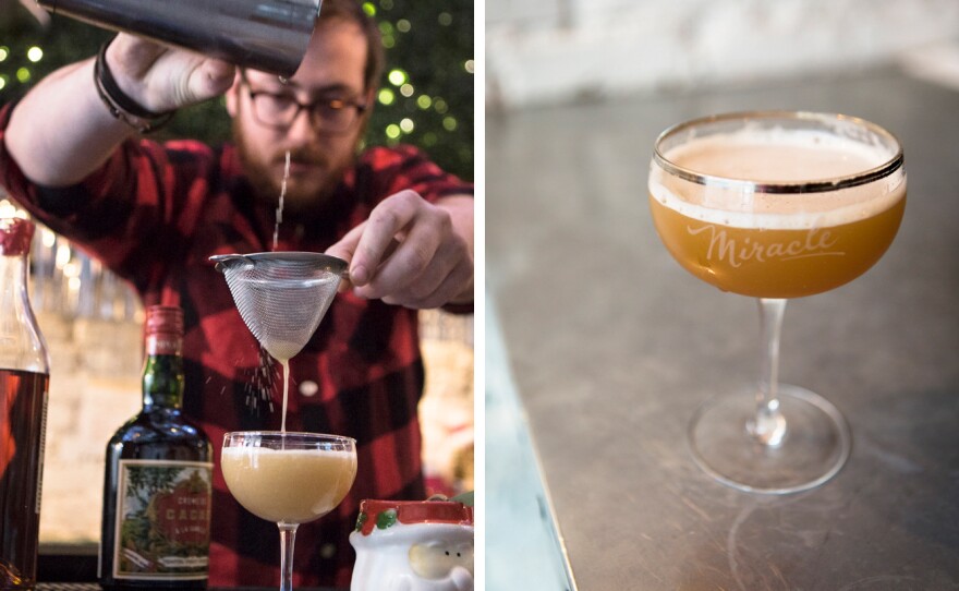 Paul Taylor makes the "Put on a Yarmulke" cocktail, which contains Armagnac, walnut liqueur, creme de cacao, bitters and lemon.