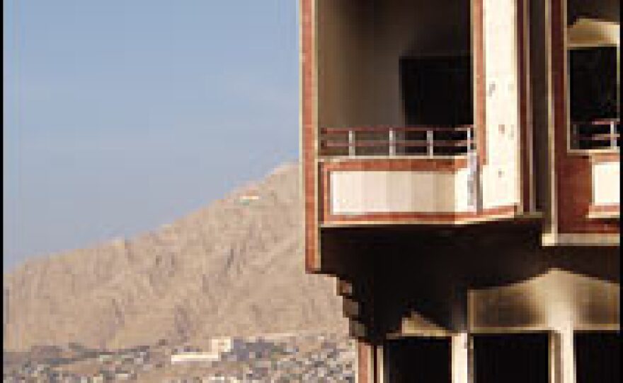 The exterior of a Kurdish opposition political party office, which was torched by a mob led by Iraqi Kurdish security forces several days before Iraqi elections in December 2005. An opposition candidate for parliament was killed during the attack.