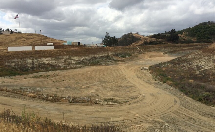 An empty pond on Nick Stehley’s avocado farm in Valley Center is pictured in this undated photo.