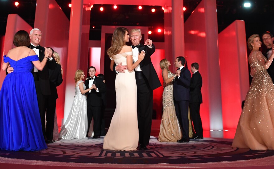 Vice President Pence and wife Karen join members of the Trump family for a dance during the Freedom Ball at the Washington Convention Center Friday.