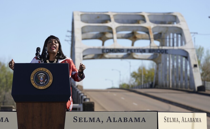Rep. Terri Sewell speaks near the Edmund Pettus Bridge in Selma, Ala., in March to commemorate the 58th anniversary of "Bloody Sunday," a landmark event of the Civil Rights Movement.