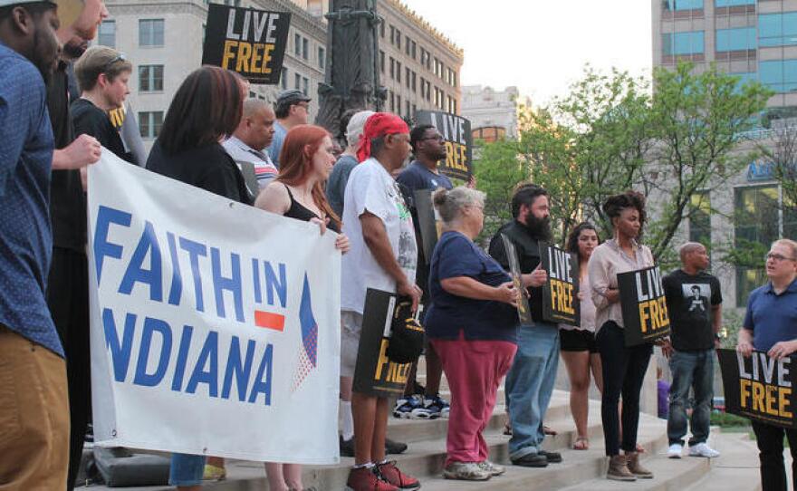 A crowd of faith-based progressive activists rally in Indianapolis. The religious left in Indiana are working to make inroads in the state legislature, long-dominated by conservative Republicans.