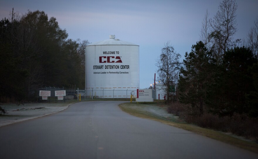 The entrance to the Stewart Detention Center, in Lumpkin, Ga. The facility is operated by a private prison company and holds immigrant detainees awaiting their hearings.