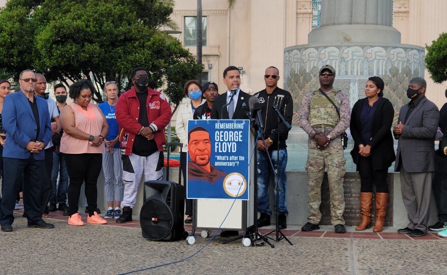 Rev. Shane Harris speaks at a memorial on the one-year anniversary of George Floyd's death at the County Administration Building on May 25, 2021.