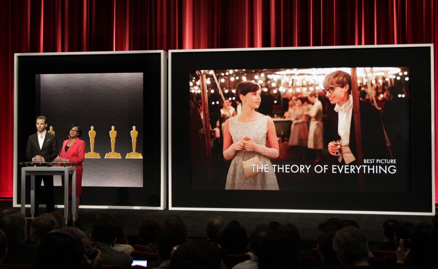 Chris Pine and Cheryl Boone Isaacs announce the film The Theory of Everything during the Best Picture category at the Oscar Nominations announcement on Jan. 15 in Beverly Hills, Calif.