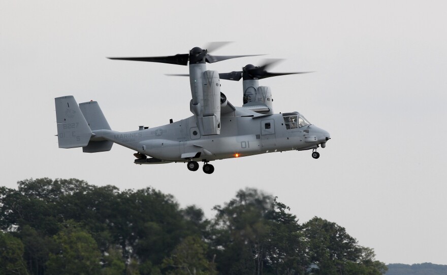 File photo of an MV-22B Osprey tiltrotor aircraft flies at Marine Corps Air Facility at Marine Corps Base in Quantico, Va., on Aug. 3, 2012.