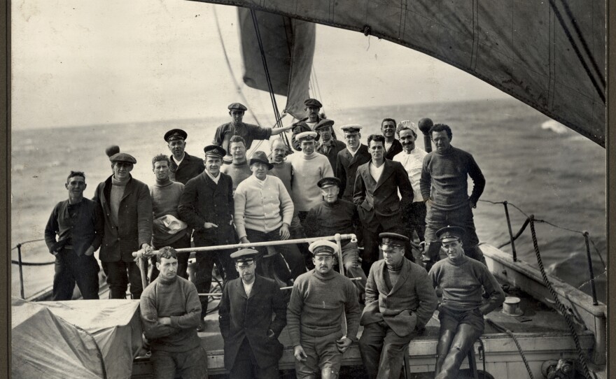 The crew poses on the deck of the Endurance on Feb. 7, 1915.