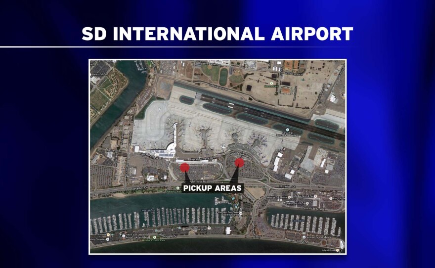 An aerial view of the San Diego International Airport shows where rideshare companies can pick up passengers.