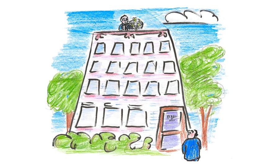 Professor Darlington stands on the roof of a multistory building in Cambridge, carrying a bucket of live frogs. Professor Barbour waits in the yard below.