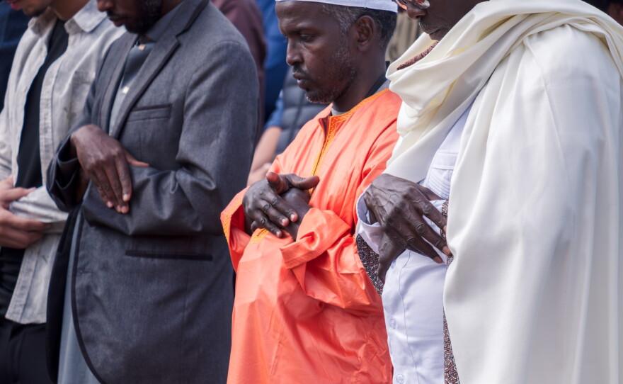 Community members gather for a prayer service on Eid Al-Adha at Colina Del Sol Park, May 27, 2026.