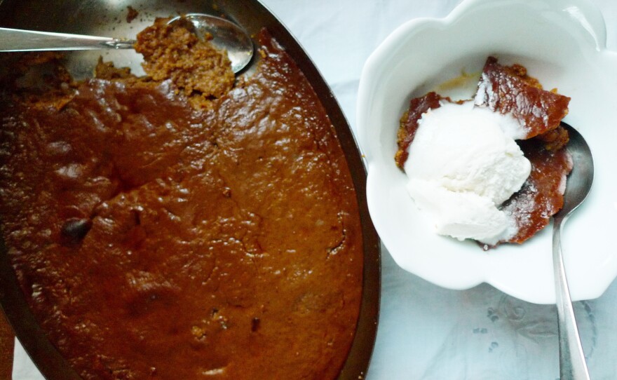 Indian Pudding, served warm with vanilla ice cream — a dish well worth celebrating.