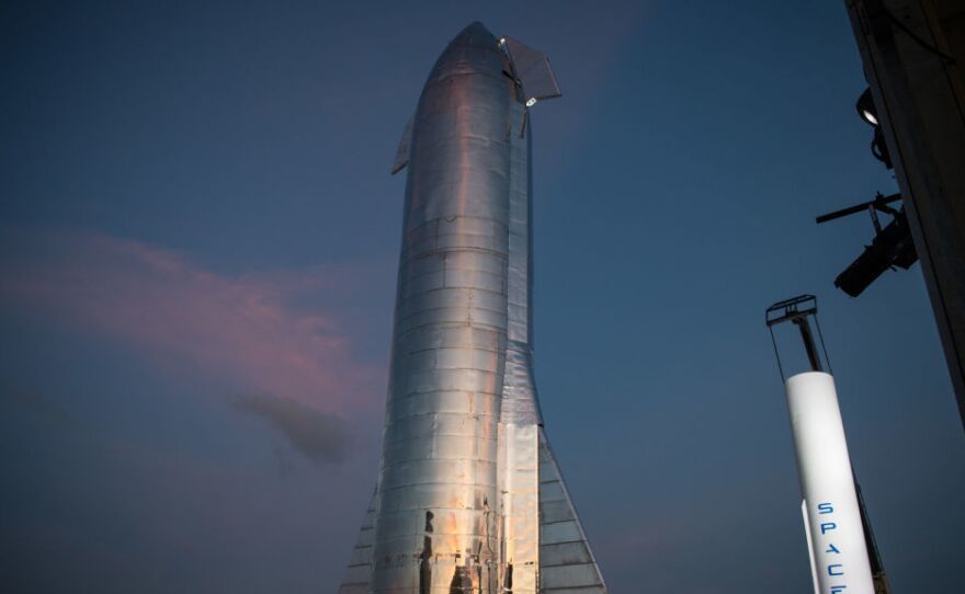 A prototype of SpaceX's Starship stands at the company's Texas launch facility on Saturday. The Starship spacecraft is a massive vehicle designed to eventually be able to take people to the moon, Mars and beyond.