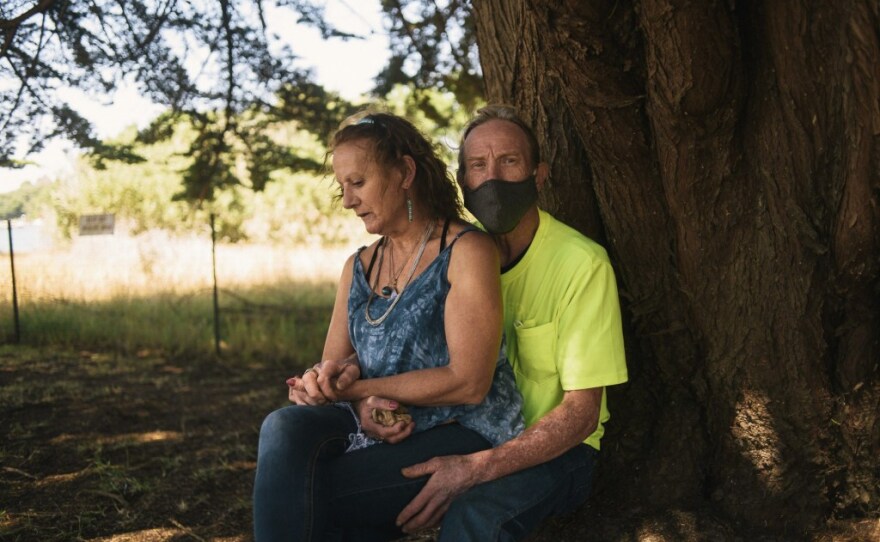 Portrait of Ernie Bull and Mary Wildman in Eureka, Calif. on Aug. 7, 2020. Despite the coronavirus pandemic, Bull and Wildman were evicted from their home in July and have been homeless for over a month. 