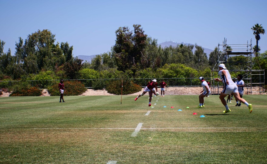 The USA Men’s rugby sevens team practices on July 1, 2024 at the Chula Vista Elite Athlete Training Center in Chula Vista, Calif.